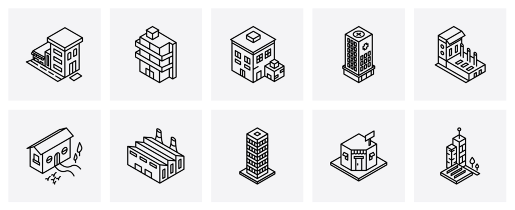 Various Isometric 3D Icons of Buildings from Noun Project